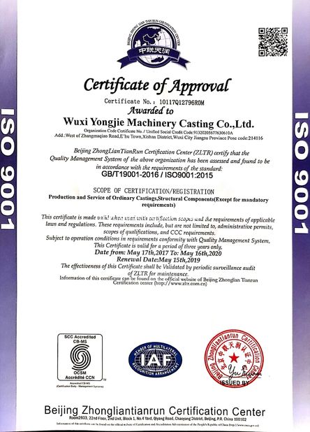 Porcellana Wuxi Yongjie Machinery Casting Co., Ltd. Certificazioni