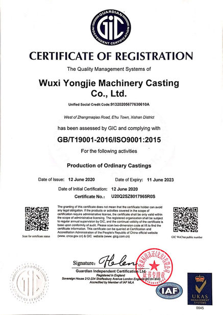 Porcellana Wuxi Yongjie Machinery Casting Co., Ltd. Certificazioni